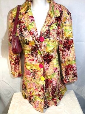 Artsy Cityscape Print Statement Jacket Blazer Colorful‎ Button Coat Women 10
